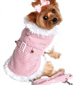 Beverly Hills Pink Houndstooth and White Fur Collar Harness Dog Coat